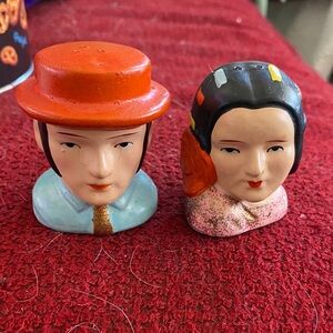 Vintage Ceramic Man & Woman Head Salt & Pepper Shakers - vintage marked Japan